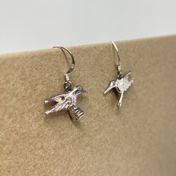 Sterling Silver Hummingbird Earrings Marked 925 Dainty Hanging Minimal - Picture 2 of 9